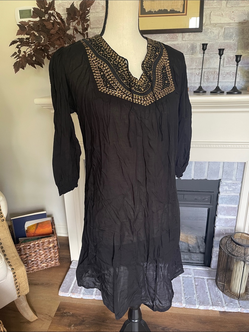 Figwood Black Sheer Gauzy Cover Up with Decorative Bronze Beading and tie Sz S/M